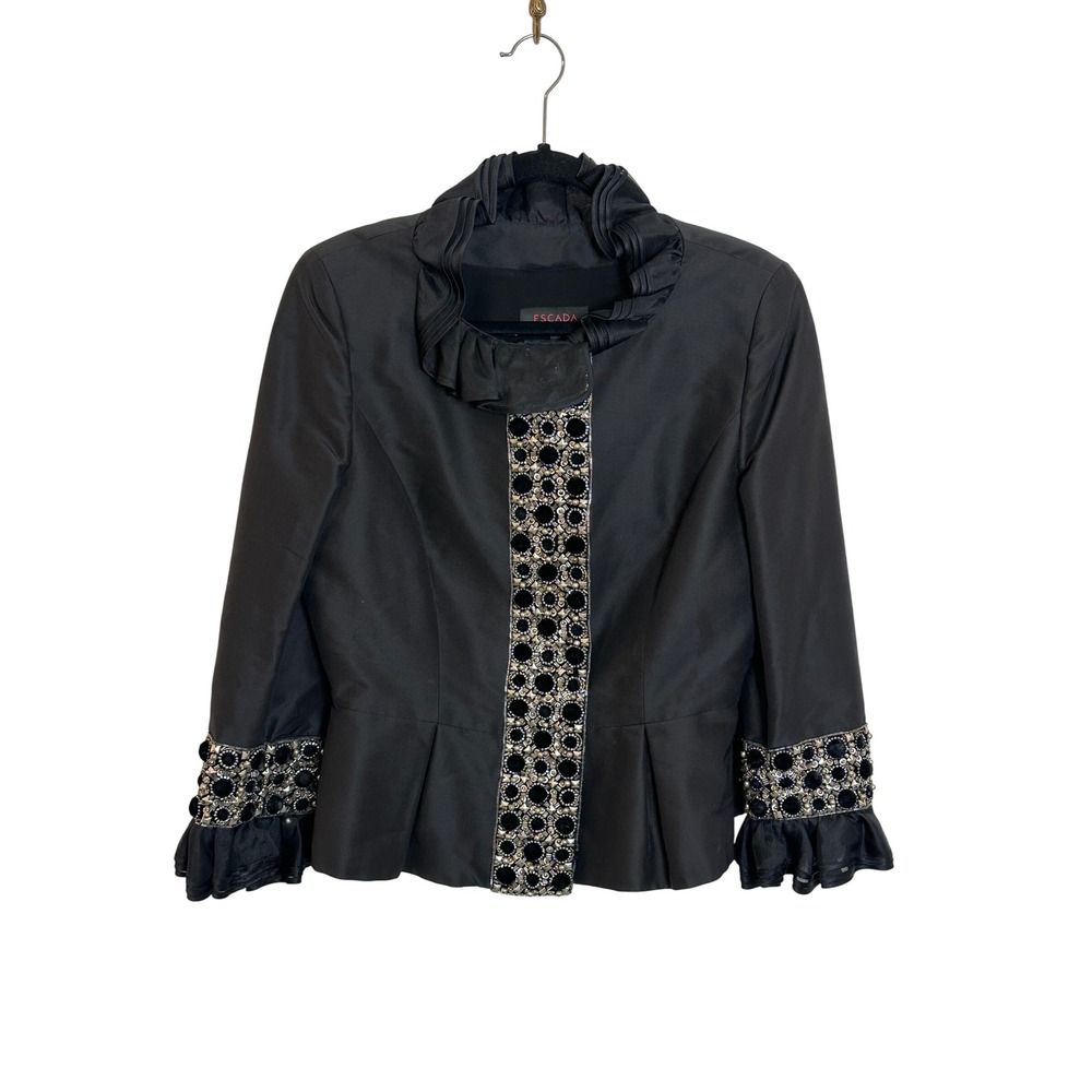 Escada Silk Blend Beaded Ruffle‎ Collar Jacket Size 40 US 10 Black Formal Party